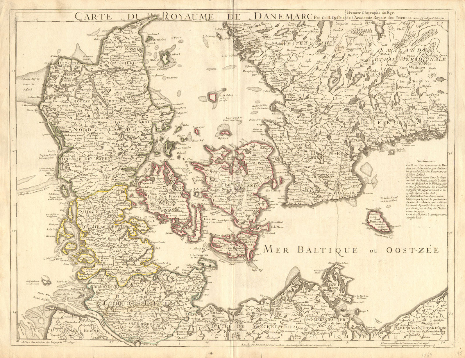 ROYAUME DE DANEMARC'. Denmark Scleswig Holstein S. Sweden. DE L'ISLE c1769 map